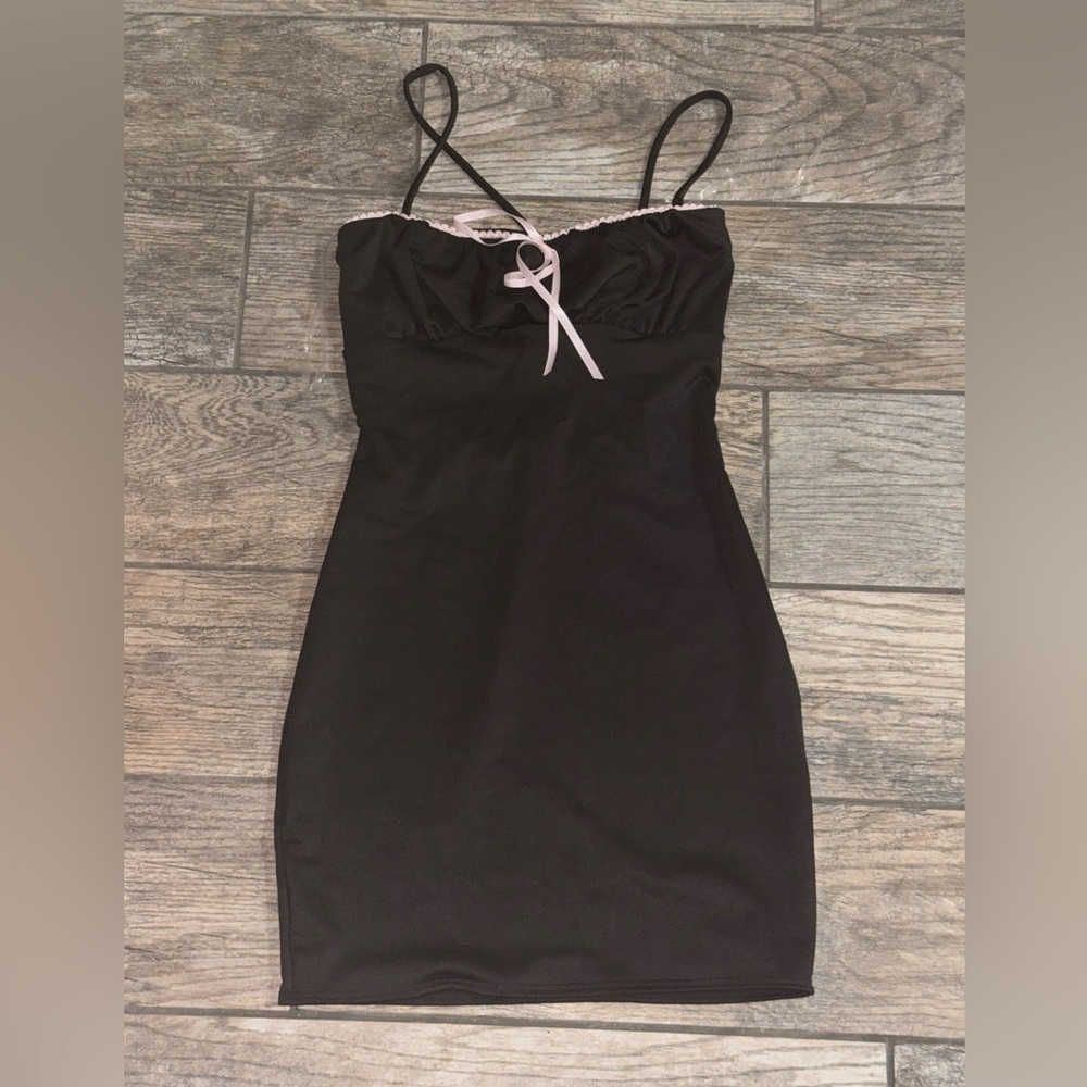 Black Spaghetti Strap Dress with Pink Bow
